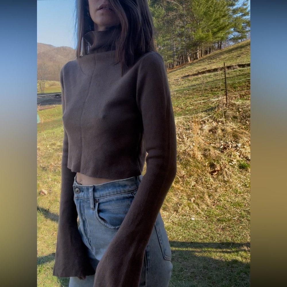 Minimalist Brown Funnel Neck Cropped Sweater, Flare Sleeves. Cotton, Small, NWOT